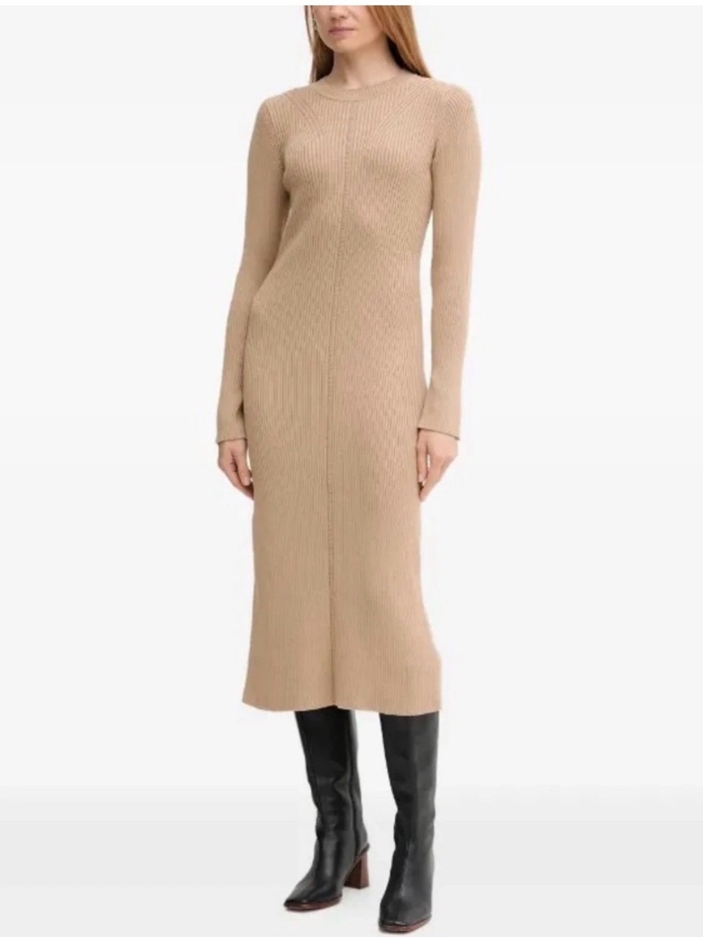 Barbour Francis Knitted Ribbed Long-Sleeve Midi Dress in Camel